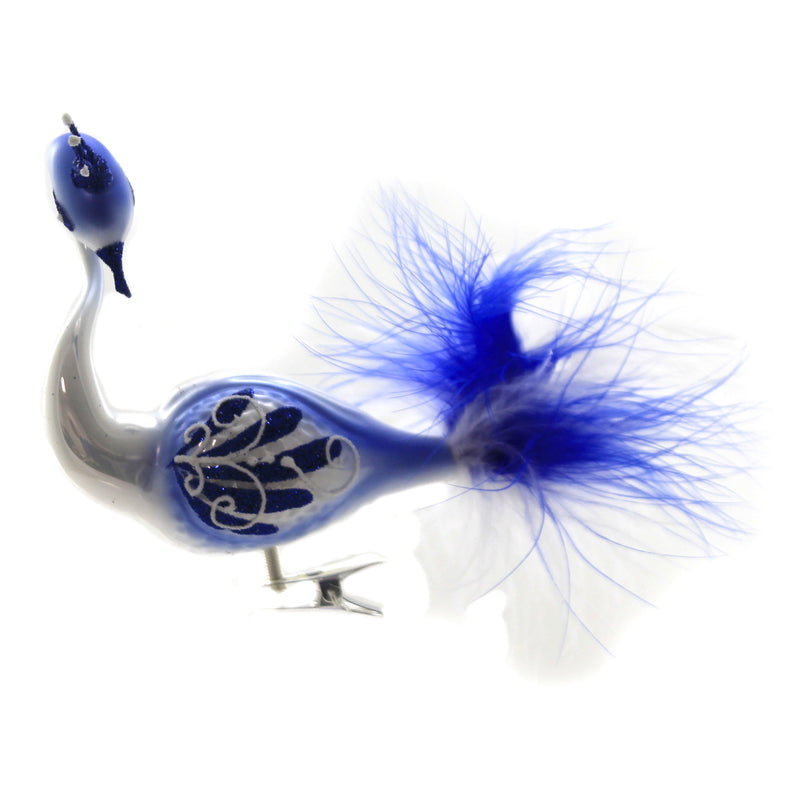 Blue & White Clip On Peacock - 4 Inch, Glass - Ornament Bird Feather Crown Br487 (42545)