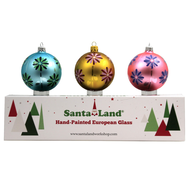 Santa Land Tommy's Mid Century Garden S/3 - 3 Glass Ornaments 4 Inch, Glass - Ornament Ball Flower Mcm Floral 20M1020 (48344)
