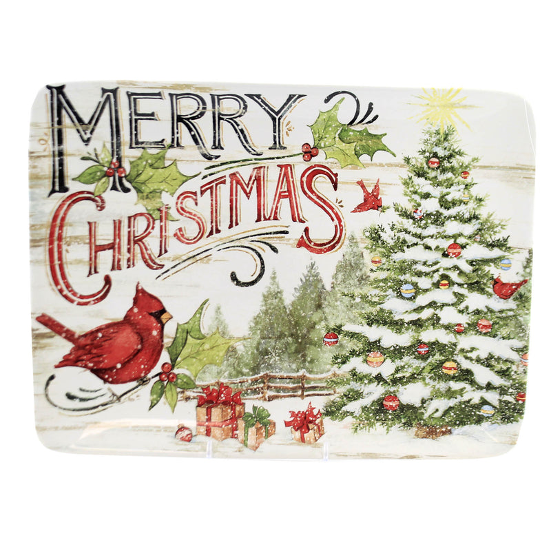 Tabletop Evergreen Christmas Platter. Earthenware Cardinal Tree Winter 28353 (50650)