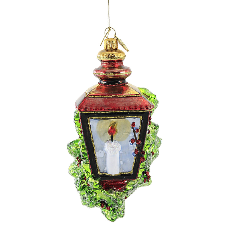 Huras Family Red Lantern & Evergreens - 1 Glass Ornament 6.5 Inch, Glass - Ornament Candle Berries Light S788 (52213)