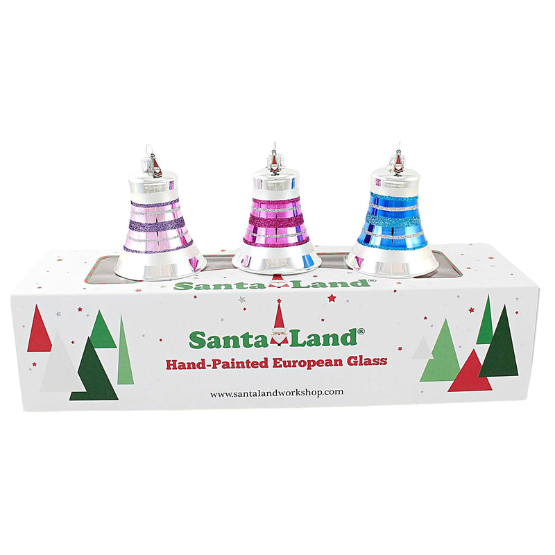Santa Land Yuletide Celebration Bells S/3 - Box Set Of 3 Glass Ornaments 4 Inch, Glass - Ornament Christmas Set Boxed 21E1030 (52598)