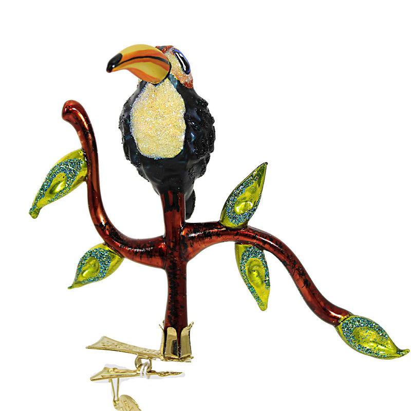 Morawski Toucan Sitting On A Branch - 1 Glass Ornament 4 Inch, Glass - Ornament Clip On Colorful Bird Zoo 10124 (59237)