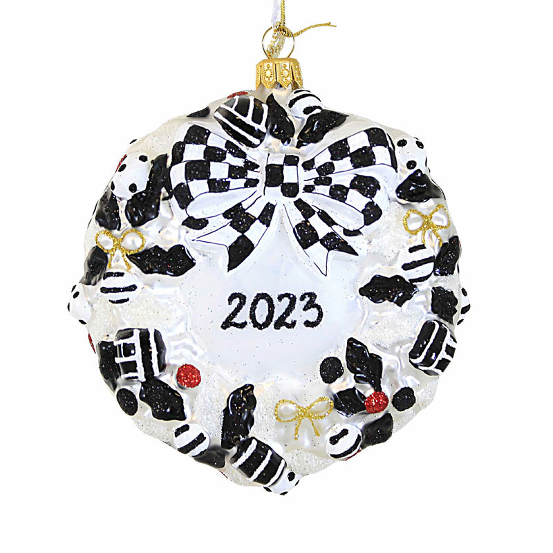 Huras Family 2023 Black And White Delight Wreath - 1 2023 Dated Glass Tree Ornament 5.25 Inch, Glass - Hand Painted Dated Ornament Bw694 (59246)