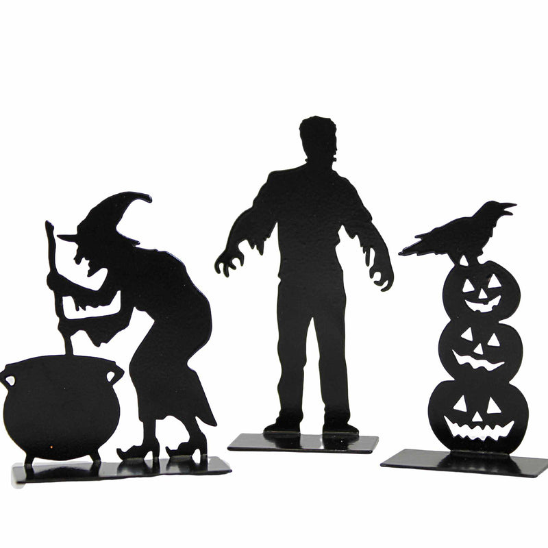Department 56 Villages Spooky Silhouettes - Set Of Three Metal Silhouettes 4.0 Inch, Iron - Crow Witch Monster Pumpkin 6011479 (59446)