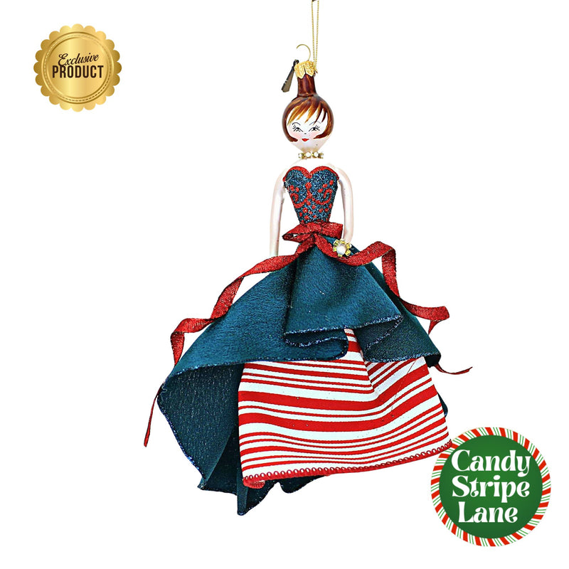 Santa Land Nicolette In Candy Cane Striped Ball Gown - 1 Glass Ornament 7.00 Inch, Glass - Dames Of Candy Striped Lane Shopper Italian Italy 23D1040 (60227)