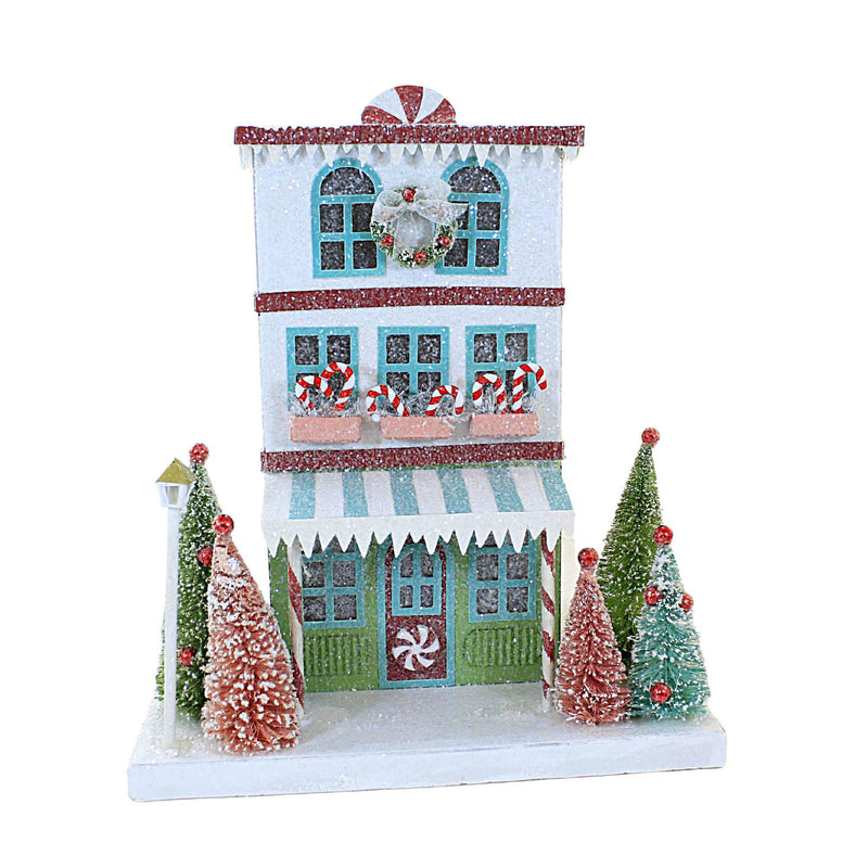 Bethany Lowe Peppermint Bakery Shoppe - One Pressed Paper Building 12.75 Inch, Paperboard - Christmas Building Bottle Brush Trees Lc2483 (60291)