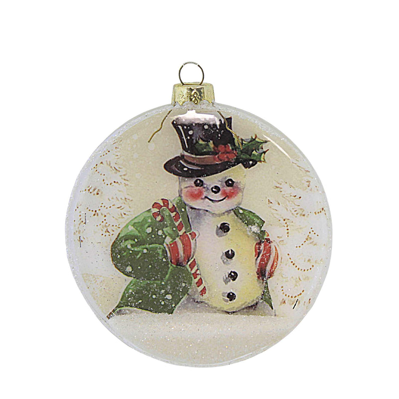 Bethany Lowe Snowman Glass Disk Ornament - One Ornament 4.0 Inch, Glass - Christmas Candy Cane Top Hat Lc2484 (60310)