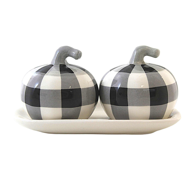 Transpac Buffalo Check Salt And Pepper Set - Set Of Two Salt And Pepper Shakers With Tray 2.5 Inch, Dolomite - Fall Halloween Pumpkins H9605 (60319)