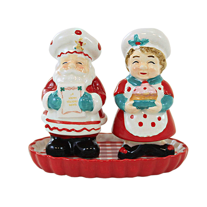 Transpac North Pole Salt And Pepper Shakers - One Set Of Salt And Pepper Shakers With Tray 3.5 Inch, Dolomite - Christmas Mr. Mrs. Claus Tc01249 (60330)