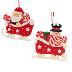 Kurt S. Adler Santa/Snowman In Sleigh - Two Ornaments 3.75 Inch, Plastic - Peppermints Stars D4396 (60675)