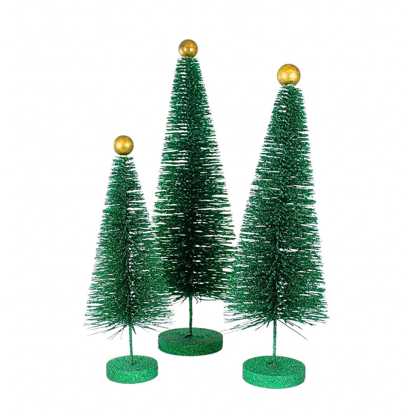 Cody Foster Green Glitter Trees 3 Pc Set - 3 Glittered Bottle Brush Trees 18 Inch, Glass - Christmas Village Decorate Cd1962gr (61305)