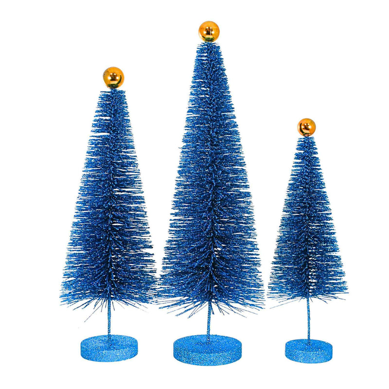 Cody Foster Blue Glitter Trees 3 Pc Set - 3 Glittered Bottle Brush Trees 18 Inch, Glass - Christmas Village Decorate Cd1962b (61306)