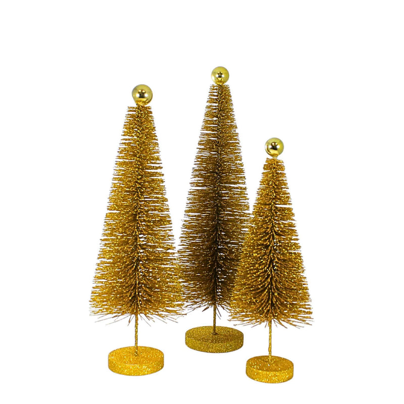 Cody Foster Gold Glitter Trees 3 Pc Set - 3 Glittered Bottle Brush Trees 18 Inch, Glass - Christmas Village Decorate Cd1962g (61308)