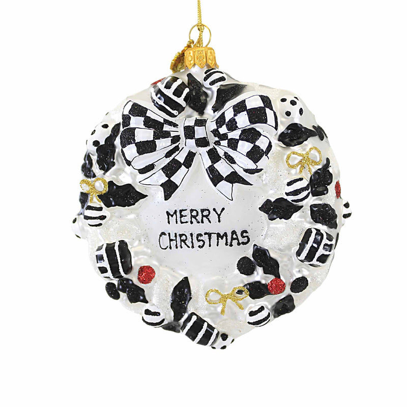 Huras Family Black And White Delight Merry Christmas Wreath - 1 Glass Ornament 4.50 Inch, Glass - Ornament Checkered Patterned Bw694v (Hur694vbw)