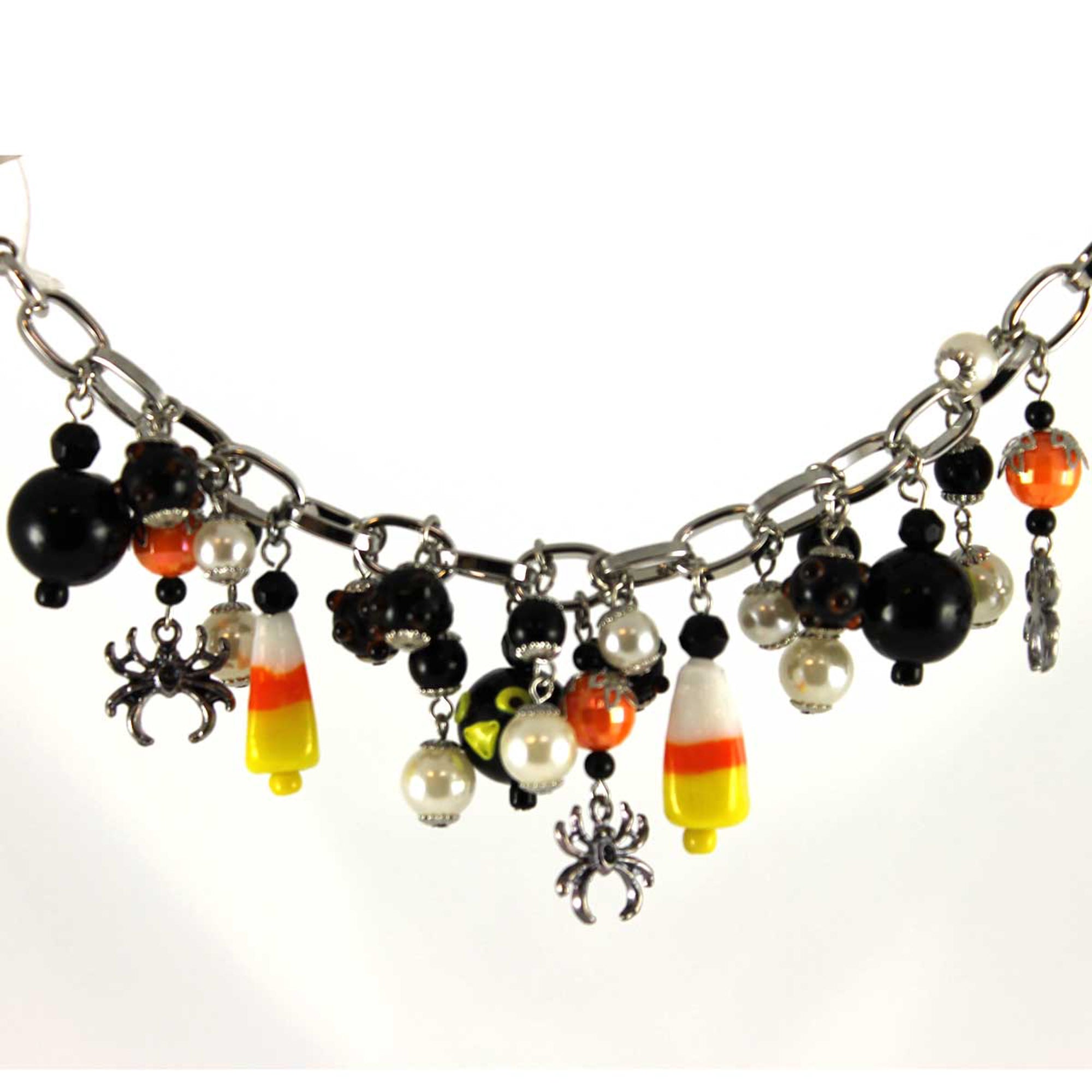 Halloween Candy Corn And Crows Bracelet Glass Metal Beads Silvestri