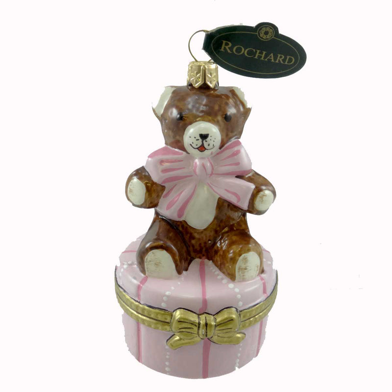 Holiday Ornament TEDDY BEAR PINK BOX Glass Christmas Baby Girl 903025