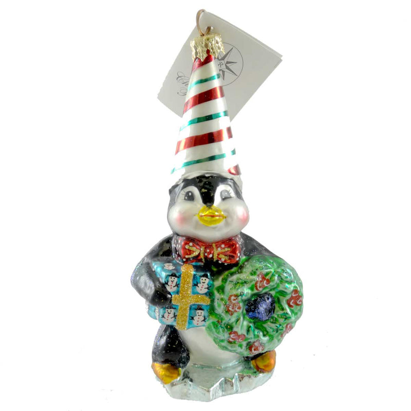 Christopher Radko Christmas Party Penny Glass Ornament Penguin Wreath Present (20068)