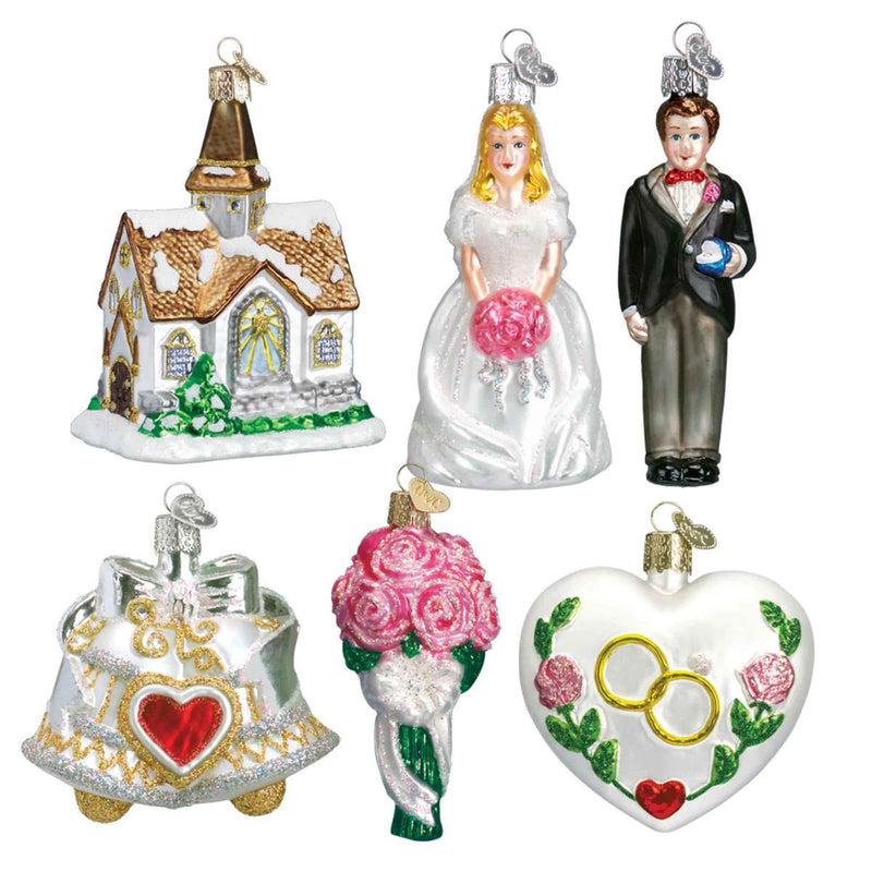 Old World Christmas 4.5 Inches Tall  Wedding Collection Glass Ornament Set/6 Bride Groom Wedding Bell Bouquet14011 (20848)