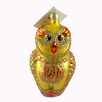 (21664) Laved Italian Ornaments Gold Owl Red Accents, 5.00 Inch, Wise Bird Blown Glass St14051
