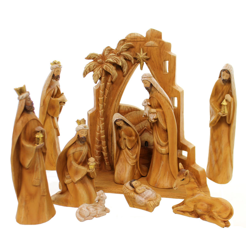 Religious Carved Nativity St/10 Polyresin Wood Grain Look Jesus 31378