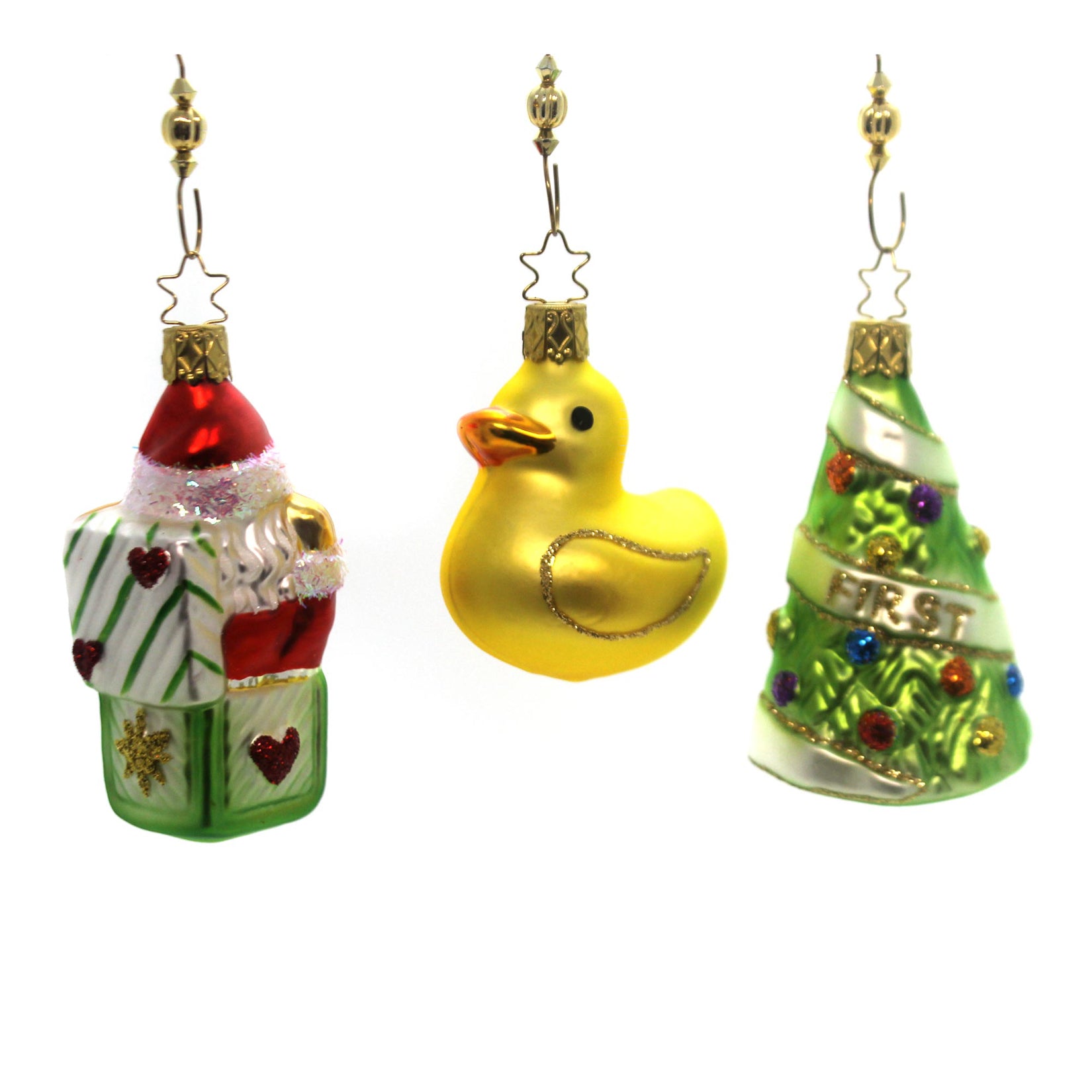 rubber duck christmas tree ornaments Inge Glas Baby's First Christmas Gift Set - Three Ornaments 3.5 Inch, Glass - Santa Tree Duck 10095S015