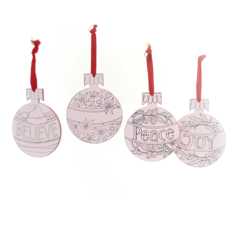 (30102) Holiday Ornaments Color It Ornaments Set Of 4, 5.00 Inch, Joy Peace Believe Poinsettia 32876
