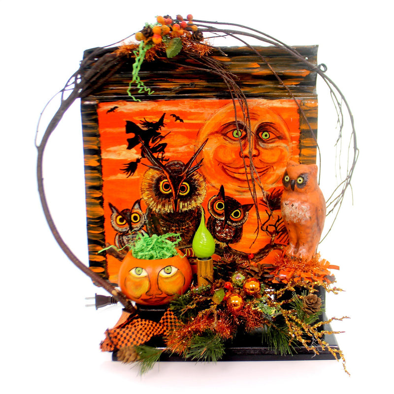 Halloween Moon And Owl Electric Figurine Metal Lighted Pumpkin Grapevine Ch93 (31283)