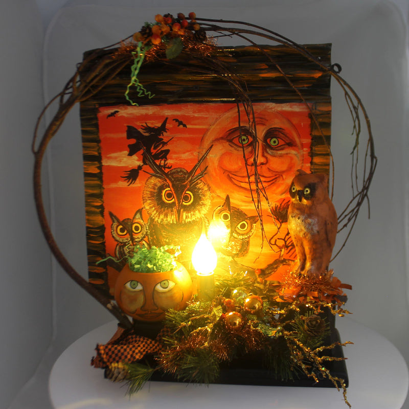Halloween Moon And Owl Electric Figurine Metal Lighted Pumpkin Grapevine Ch93 (31283)