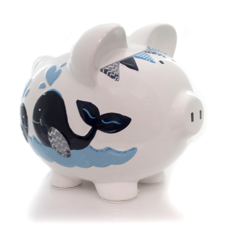 Child To Cherish Blue Double Whale Pig Bank - One Bank 7.75 Inch, Ceramic - Save Money Ocean 36856 (32465)