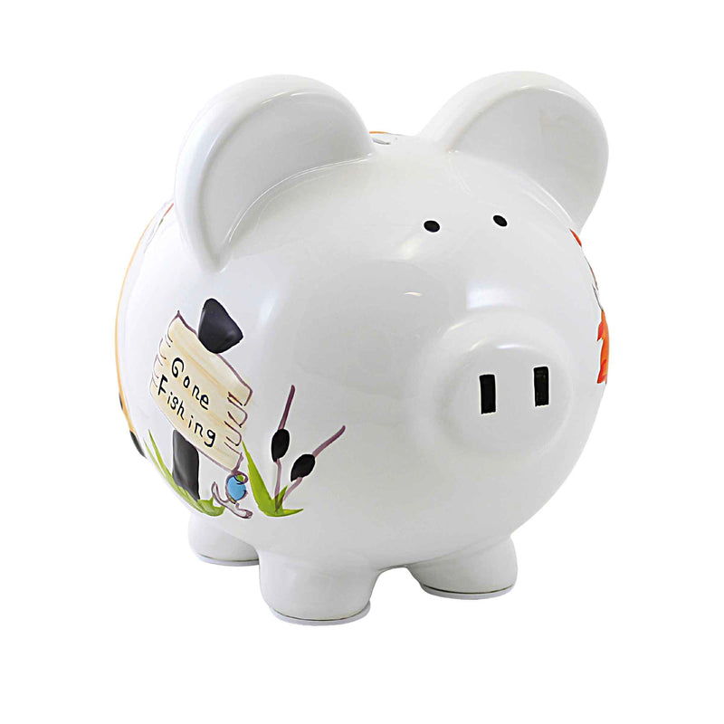 Bank Gone Fishing Pig Bank Ceramic Net Rod Reel Save 36870