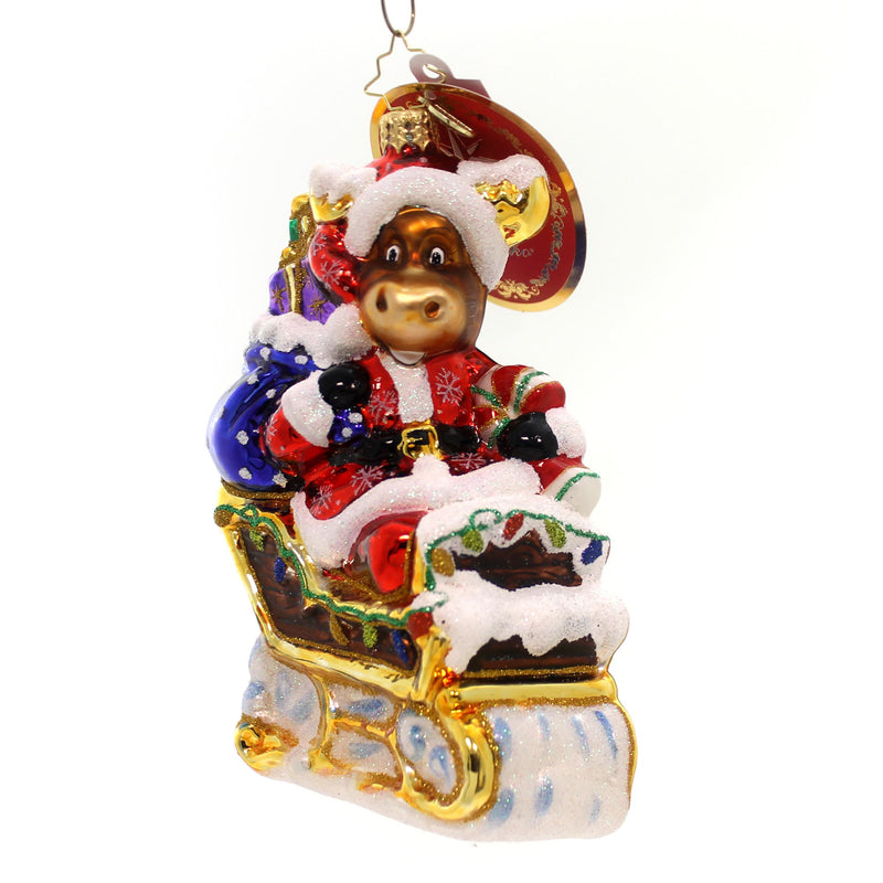 Christopher Radko OFF TO THE LODGE Glass Ornament Moose Sleigh 1019005