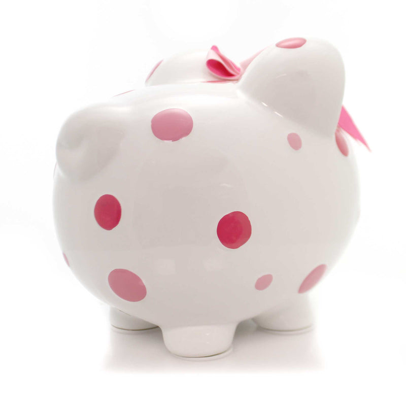 Child To Cherish Pink Multi Dot Bank - One Bank 7.75 Inch, Ceramic - Bow Save Money Girl 3606Pk (32908)