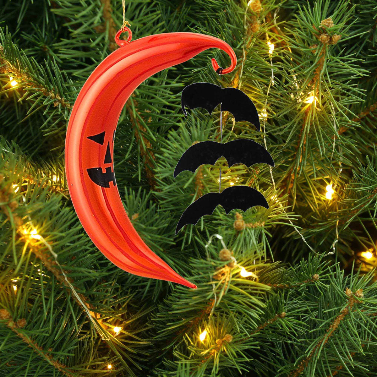 De Carlini Italian Ornaments Crescent Moon W/ Bats - - SBKGifts.com