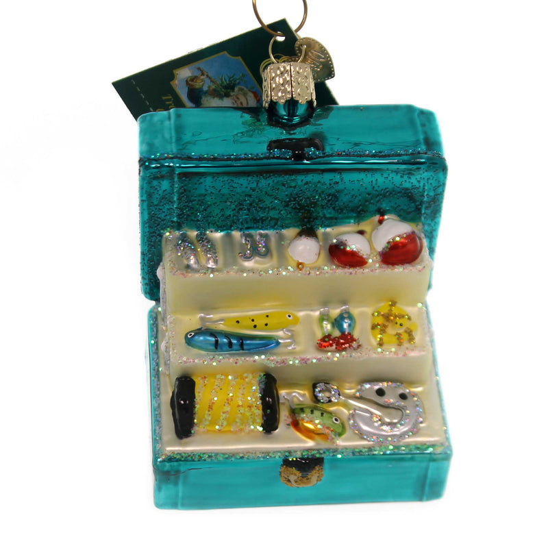 glitter tackle box Old World Christmas Tackle Box Glass Ornament Fishing Reel Bait 44123