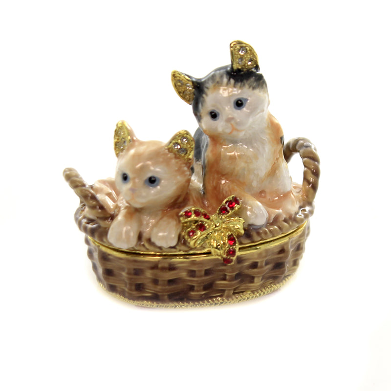 Kubla Craft Kittens In Basket Enameled Box - One Lidded Box 2.25 Inch, Metal - Austrian Crystals 3441. (40576)
