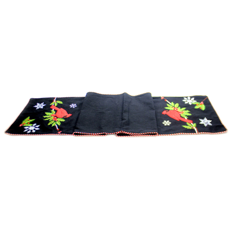 Christmas Black Table Runner W/Cardinal Cotton Embroidered Snowflakes 53127D (42449)