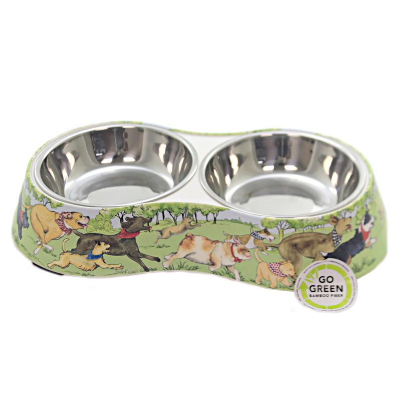 Certified International Dog Park Bamboo Pet Double Bowl - 1 Base & 2 Stainless Steel Bowls 2.5 Inch, Stainless Steel - Dog Food Feed Water Companion 28262 (44812)