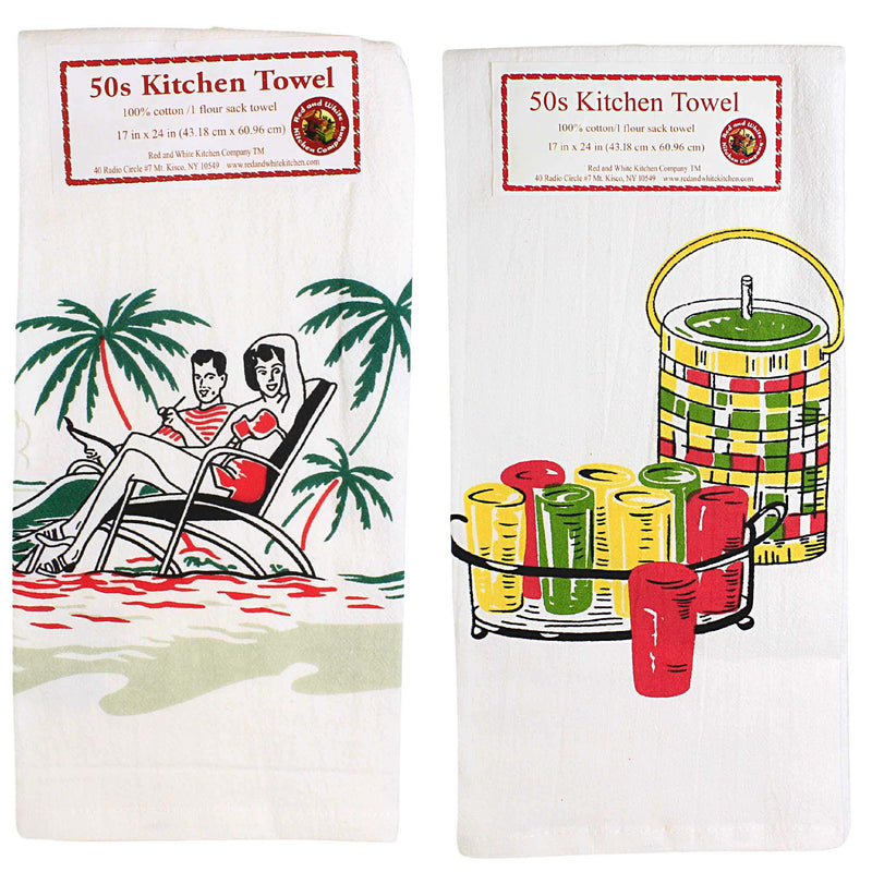 Red And White Kitchen Summer's Here Towels Set/2 - 2 Towels 24 Inch, Cotton - 100 Cotton Beach Days Keep Cool Vl104 & Vl103 (45617)