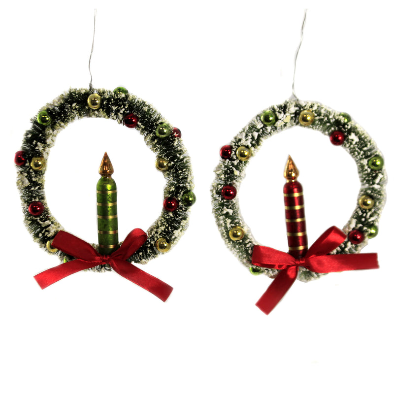 Christmas Traditional Candle In Wreath Glass Ornament Set/2 Vintage Lowe Lc9550 (46150)