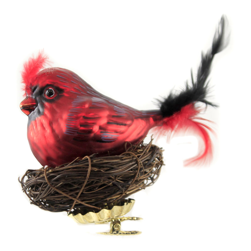 Holiday Ornament Red Bird With Twig Nest Glass Clip On Cardinal 50253 (46314)