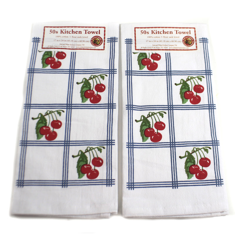 (46837) Red And White Kitchen Country Cherries Blue Set/2, 24.00 Inch, 100 Cotton 50S Design Retro Vl74s  Setof2