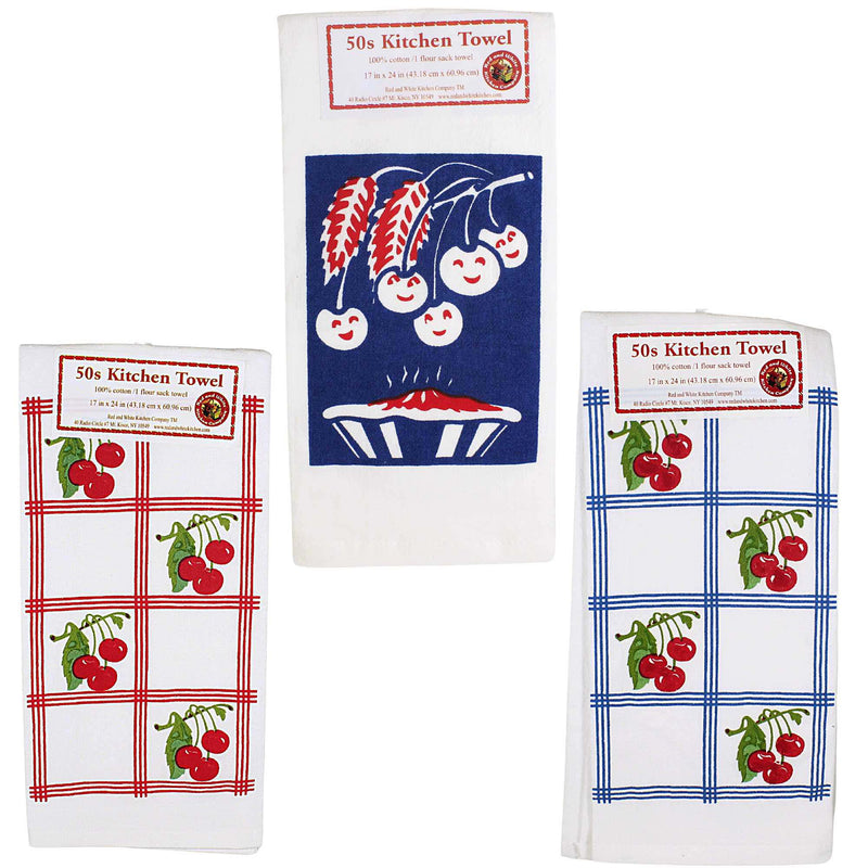 Cherries Or Cherry Pie Towels - 3 Towels 24 Inch, Cotton - Set/3 100% Cotton Retro Design Vl75*Vl74*Vl84 S/3 (46840)