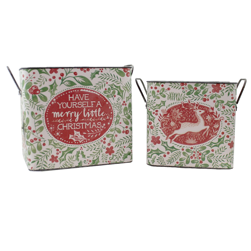 Christmas Santa With Holly Berry Buckets Metal St/2 Vintage-Style 101206 (48240)