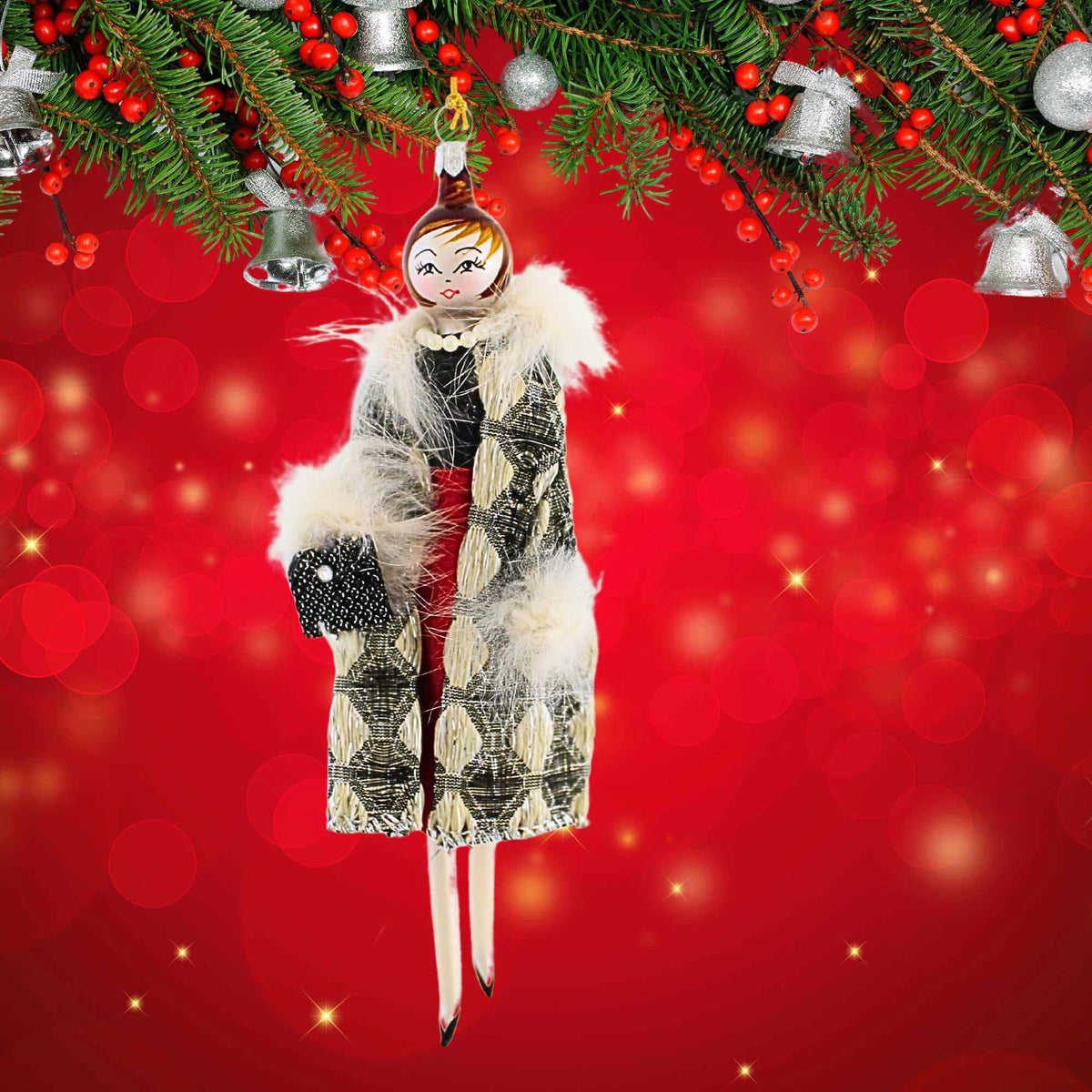De Carlini Italian Ornaments Lady In Silver Black Coat - - SBKGifts.com