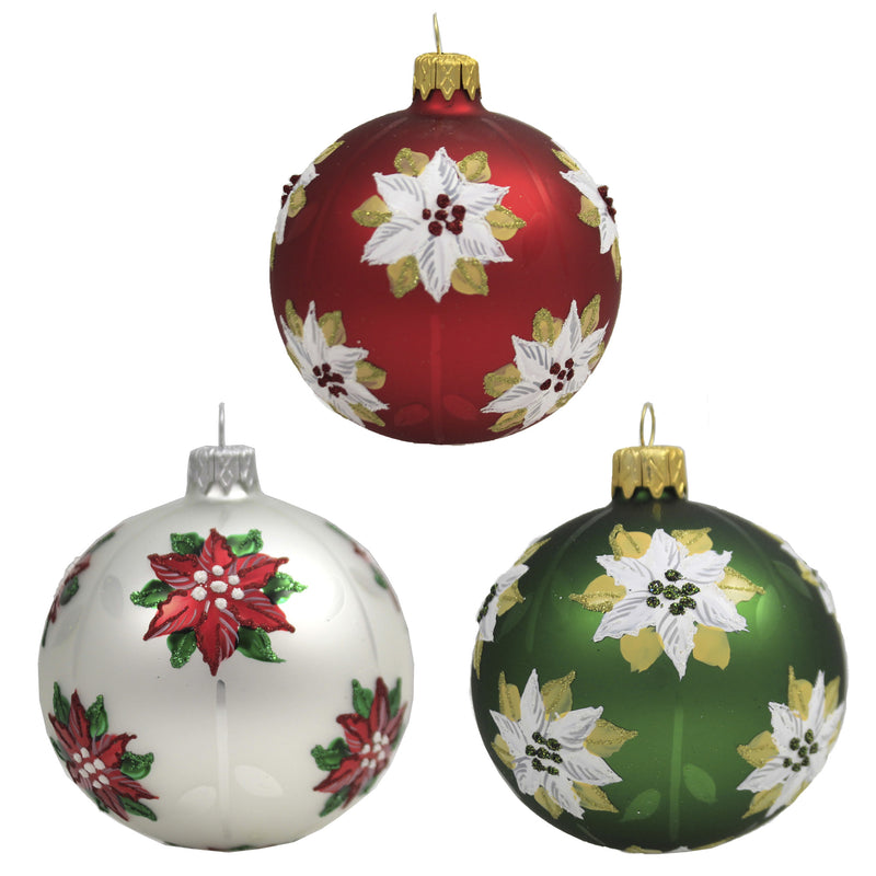 Santa Land Christmas Poinsettia Silver S/3 - 3 Glass Ornaments 4.00 Inch, Glass - Ornamet Flower Ball Floral Mcm 20M1040 (48346)