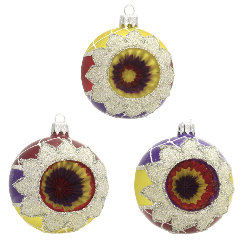 Santa Land Fire & Ice Reflectors S/3 Glass Ornament Ball Indent Vintage 20M1050