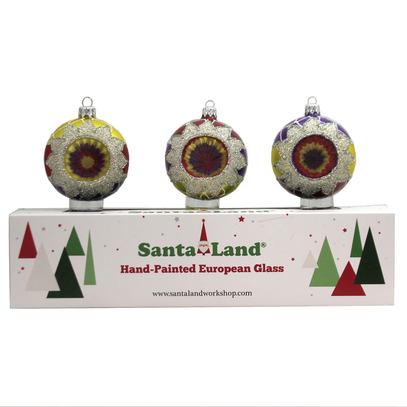 Santa Land Fire & Ice Reflectors S/3 - 3 Glass Ornaments 4 Inch, Glass - Ornament Ball Indent Vintage 20M1050 (48347)