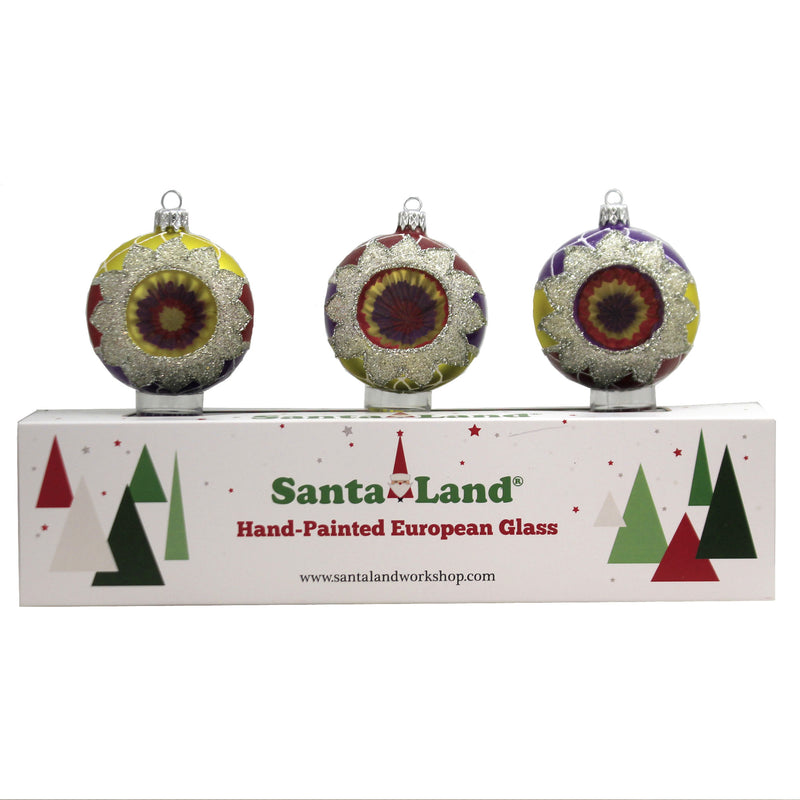 Santa Land Fire & Ice Reflectors S/3 Glass Ornament Ball Indent Vintage 20M1050