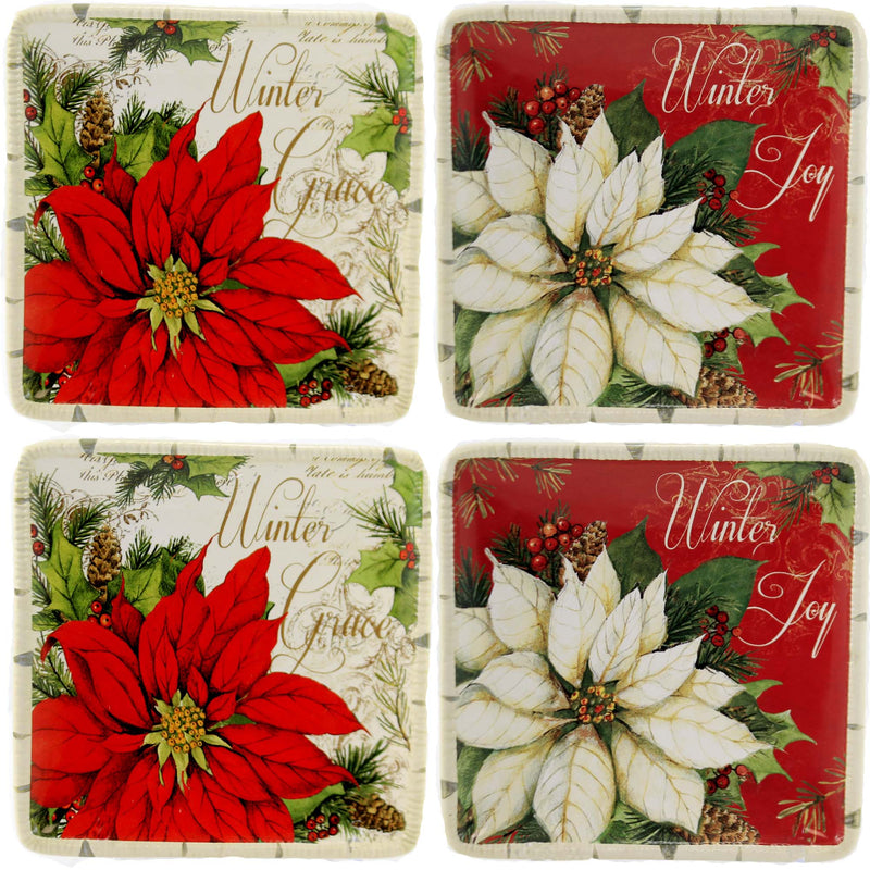 Tabletop Winter Garden Canape Plate St/4 Earthenware Poinsettia Christmas 28325 (48402)