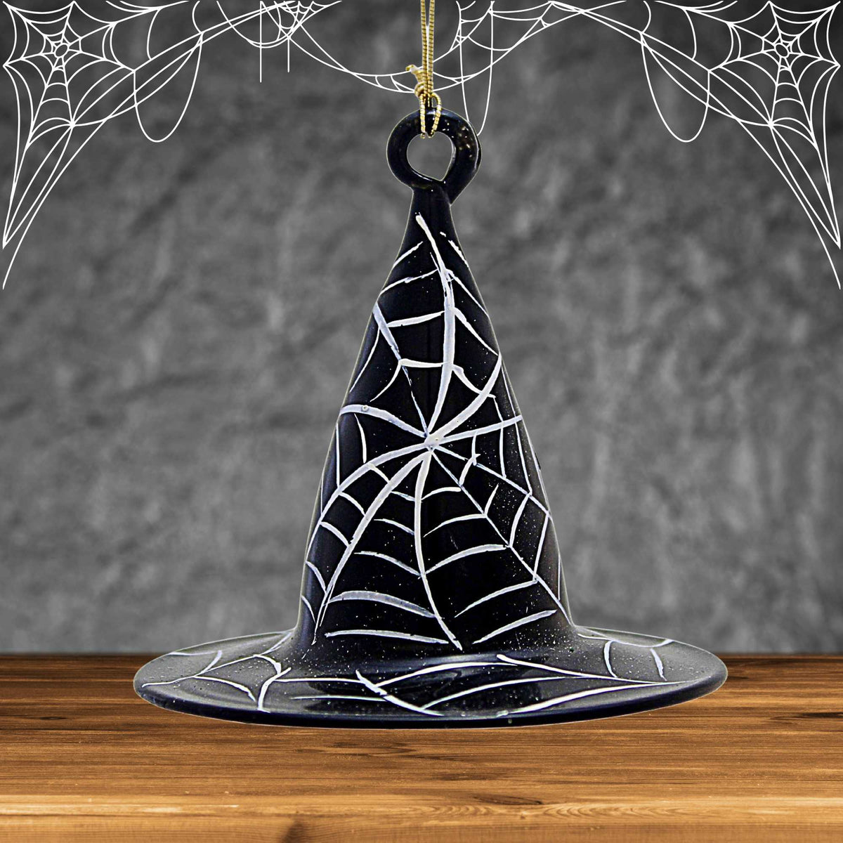 De Carlini Italian Ornaments Black Witch's Hat W/ Spider Webs - - SBKGifts.com